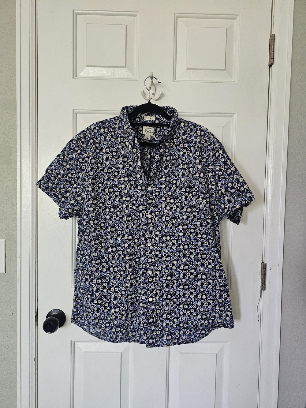 J. Crew Blue and White Short-Sleeve Button-Down Slim-Fit Shirt with Floral Print